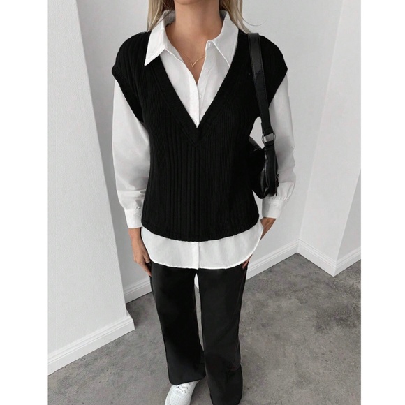 2 in 1 Black Knit Vest On White Button Up Shirt - Picture 8 of 12